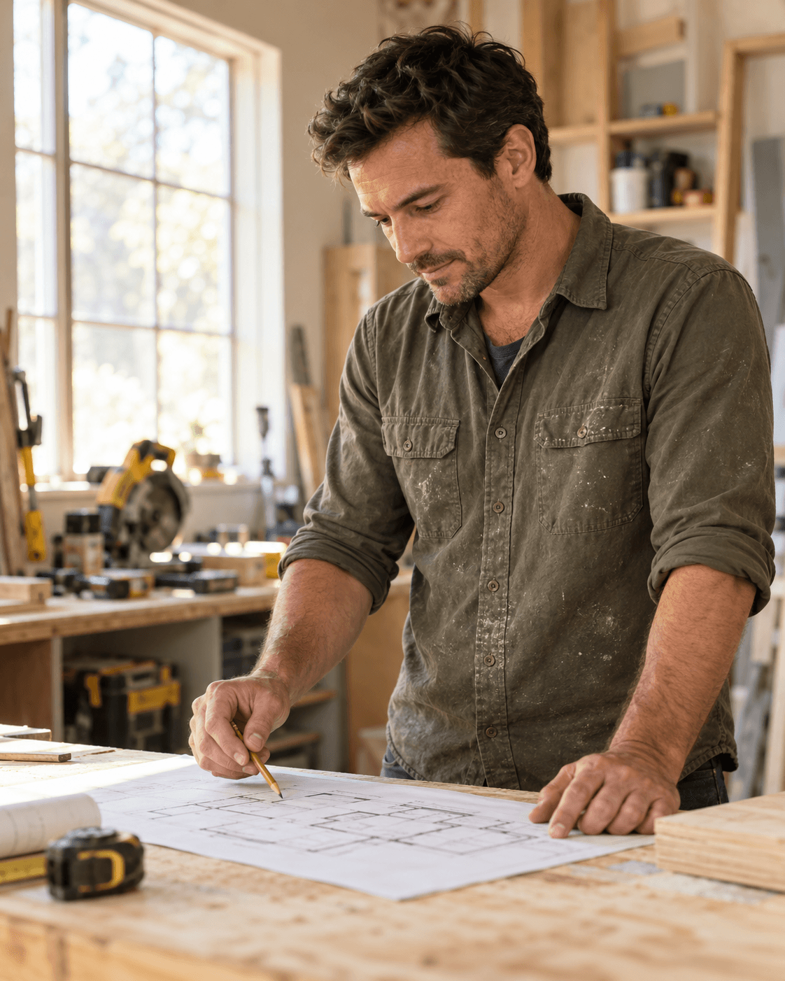 Illustrative renovation professional reviewing plans in a workshop